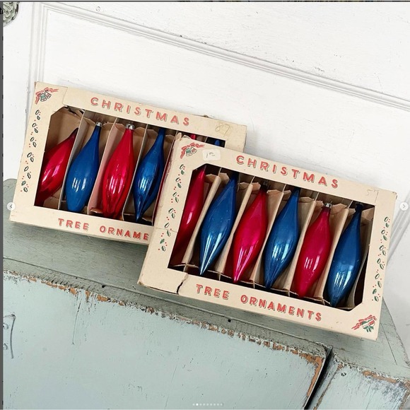 Vintage Christmas Ornaments Icicle Glass Patriotic Americana Poland Box Set 6B - Picture 2 of 9